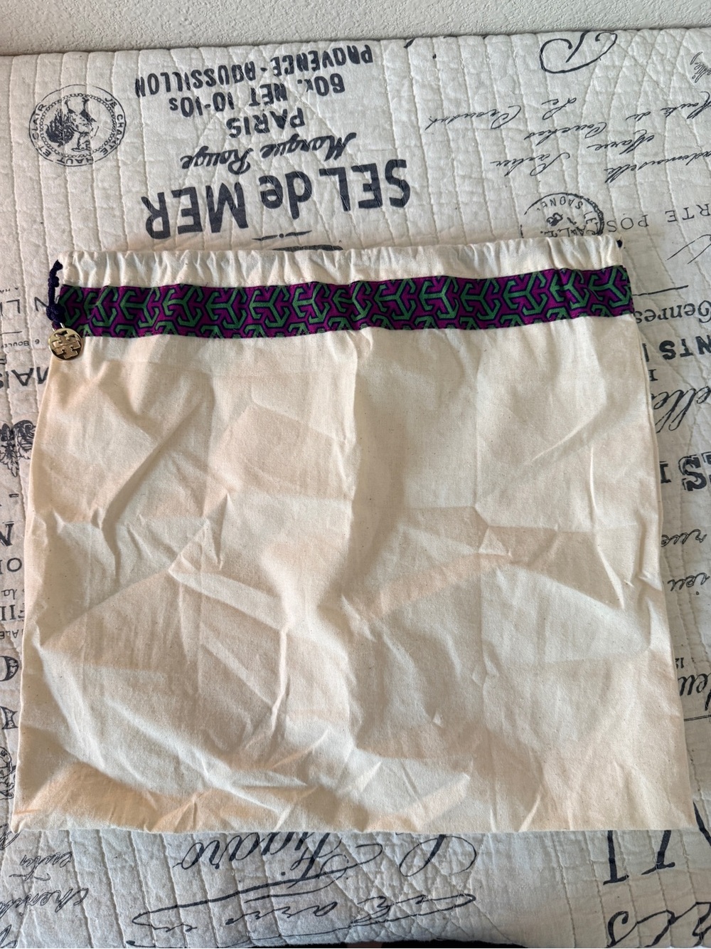 Tory Burch Cream Drawstring Bag with Purple & Green Trim Dust Bag